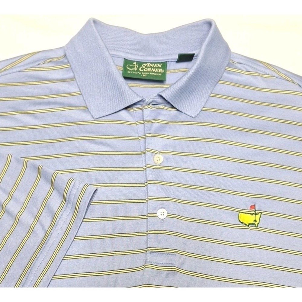 Amen Corner Augusta National Golf Med Polo Striped Lt Blue Cotton Master's Logo